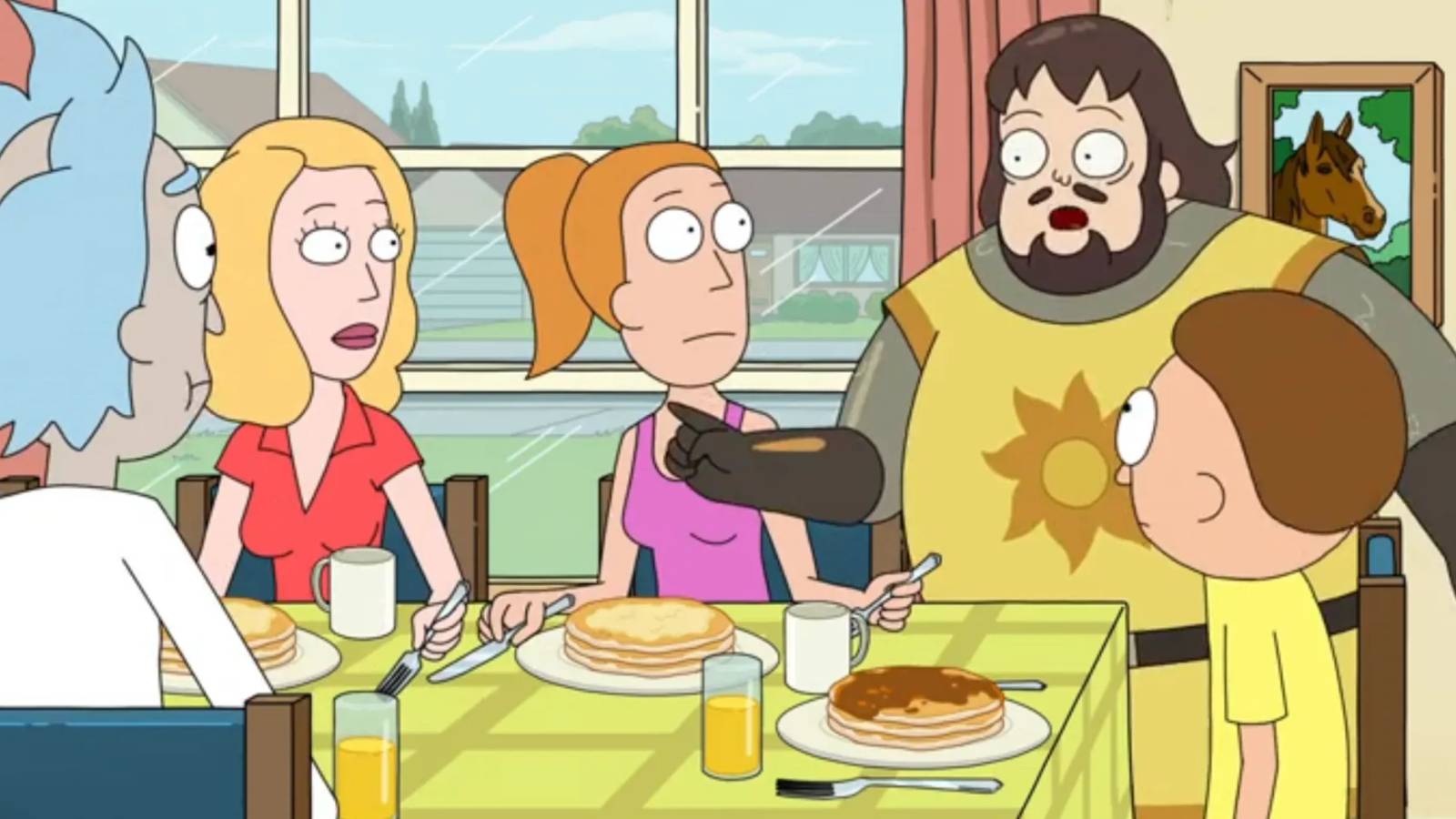 Rick and Morty having breakfast with a knight on Rick and Morty