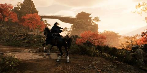 Rise of the ronin key art riding on horse near bridge at sunset