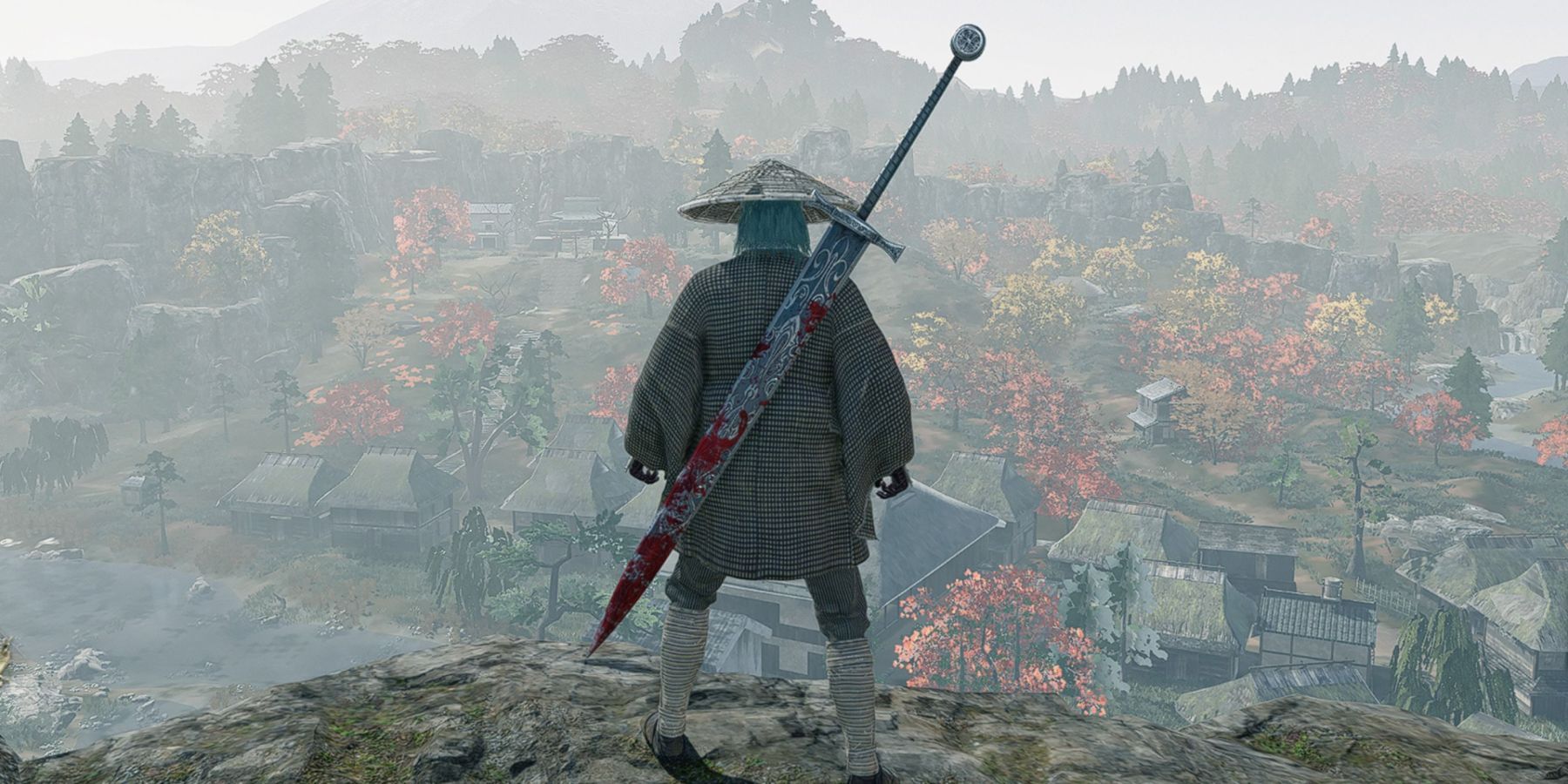 Rise of the Ronin overlooking stream and village
