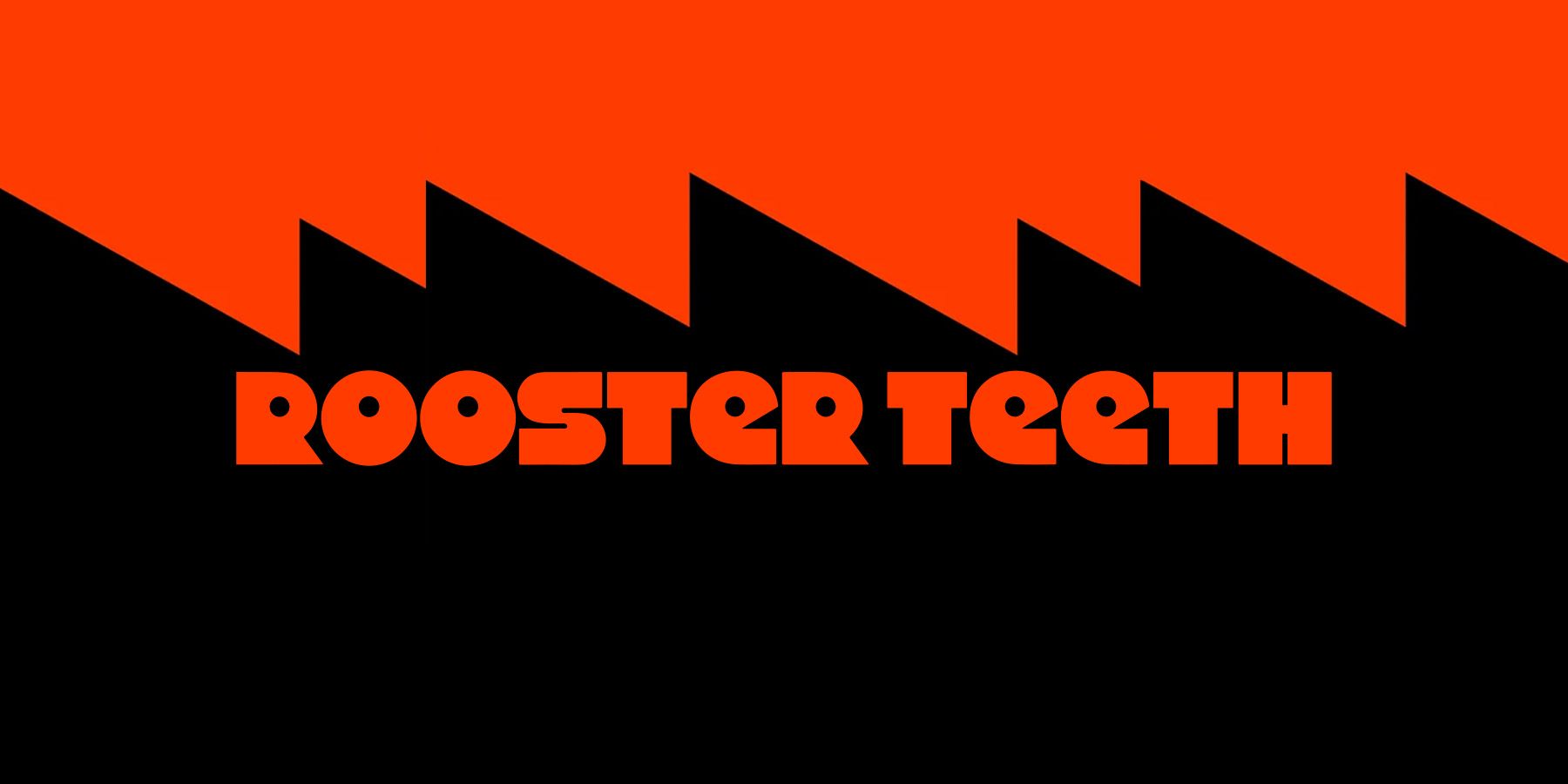 Rooster Teeth logo on black and orange abstract background