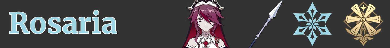 a narrow image strip with icons representing rosaria's weapon, element, and region - polearm cryo mondstadt - genshin impact