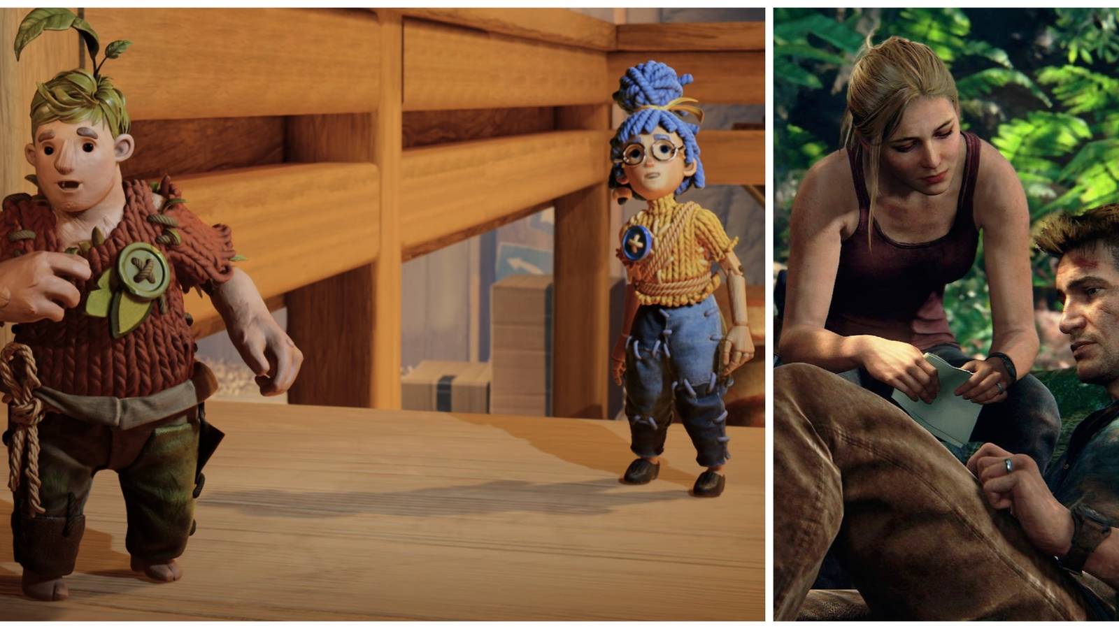 Collage featuring Cody and May from It Takes Two (left), and Nathan Drake and Elena Fisher from Uncharted (right)