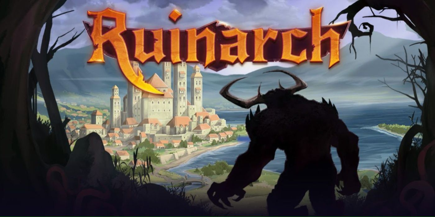 Ruinarch title card, minotaur overlooking a town