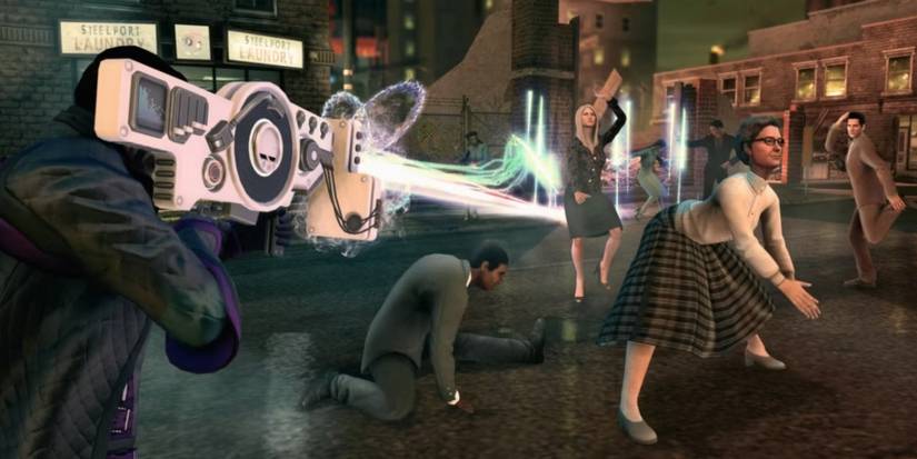 A Saints Row screenshot featuring the Dubstep Gun making people dance.