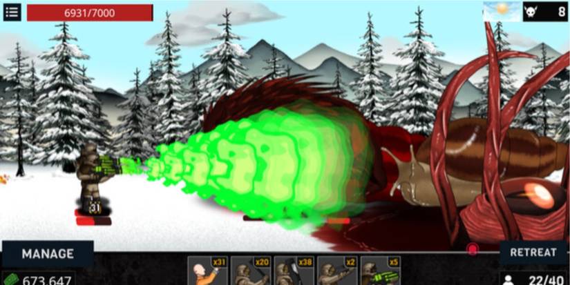 An animated soldier shooting a green laser beam at monsters against a snowy background.
