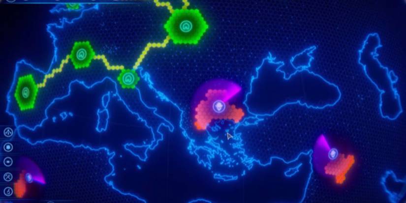 A neon map of the world with colourful locations highlighted in green and pink.