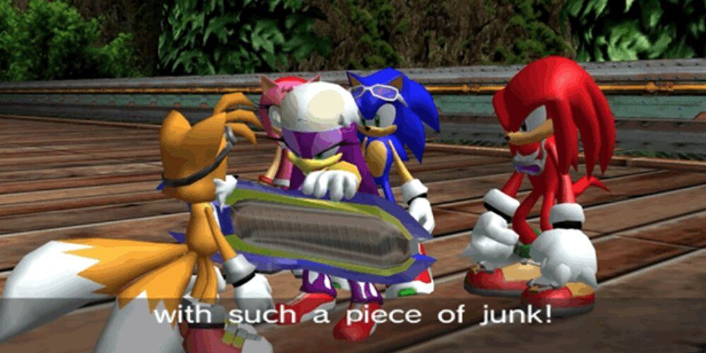 Tails being mocked by Wave with Knuckles and Sonic in the background 