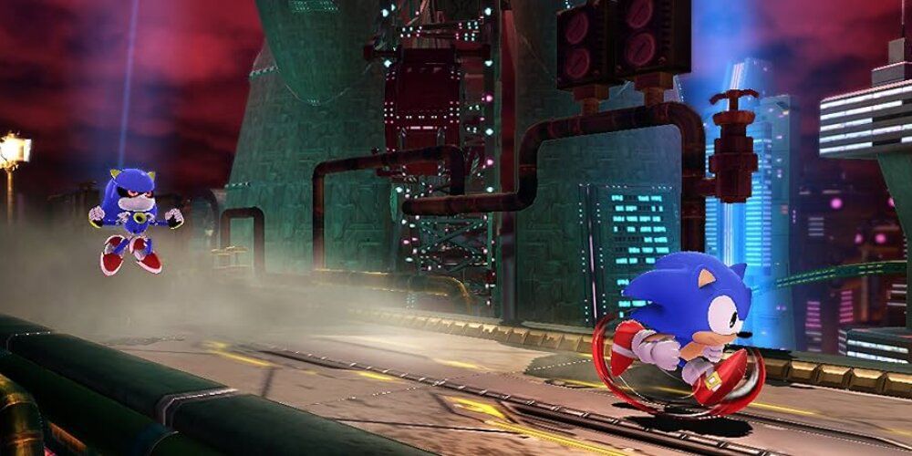 Sonic running away from Metal Sonic 