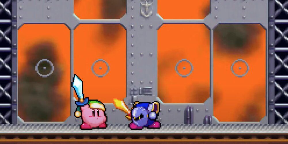 Kirby and Meta Knight fighting 