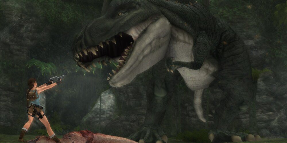 Lara firing her pistols at a t-rex 