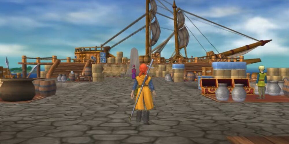 Protagonist looking at a large ship in Dragon Quest 8