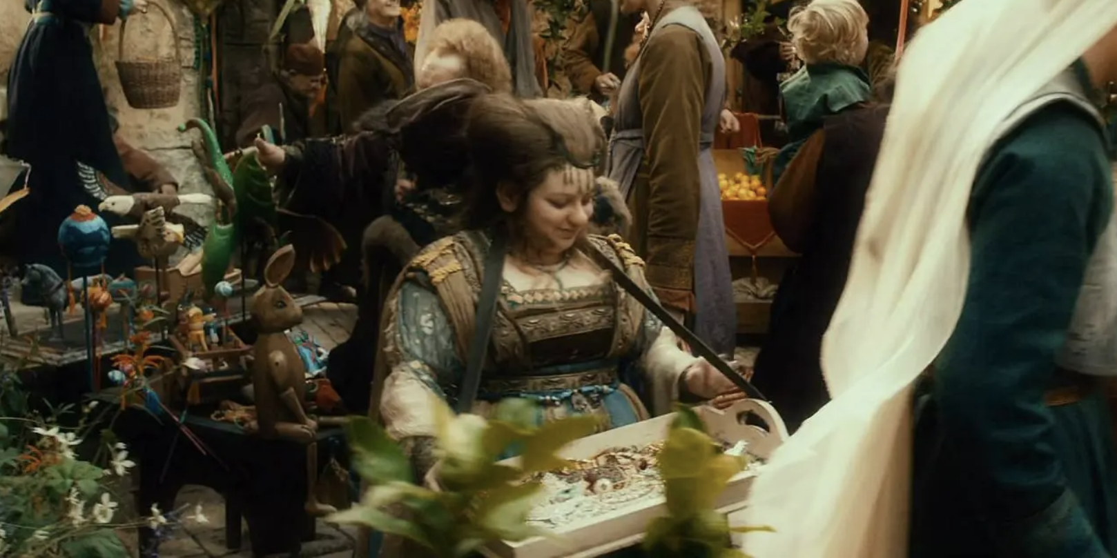 A brunette dwarf woman peddling wares in a crowd