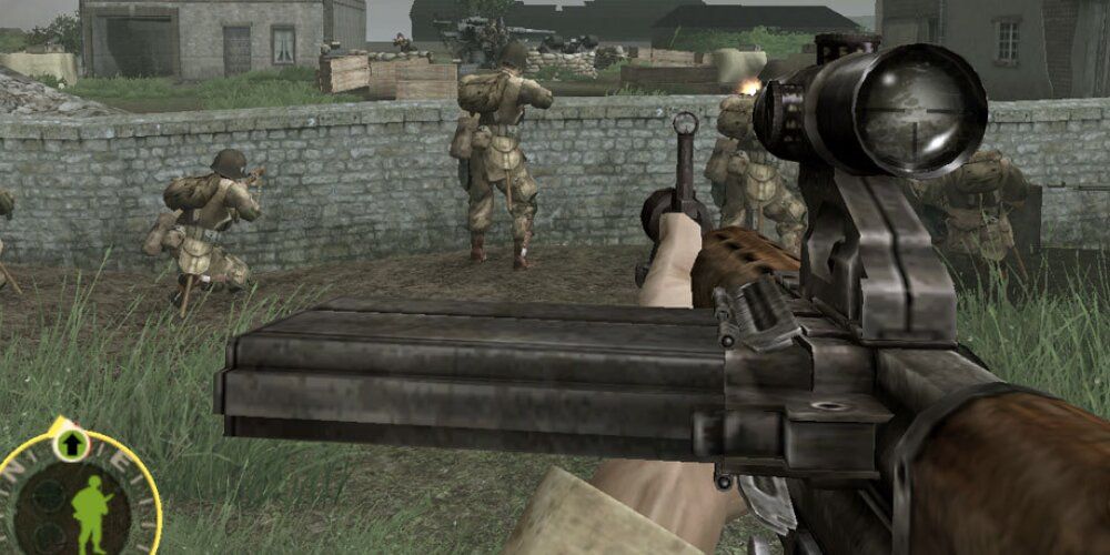 Player with a rifle with soldiers in the foreground 