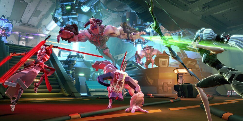 Multiple heroes fighting one another in Battleborn 