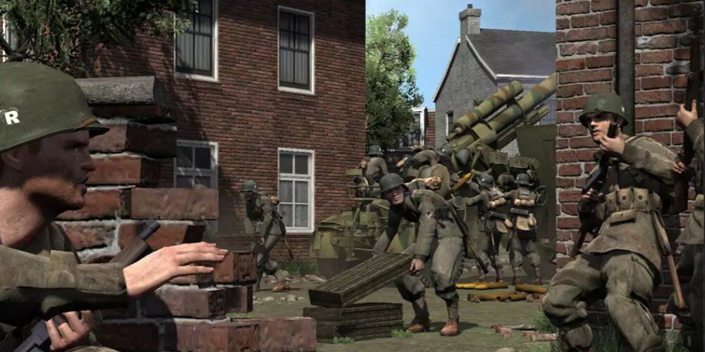 Soldiers taking cover behind brick walls while enemy soldiers can be seen in the background 