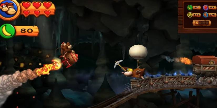 Donkey Kong and Diddy flying on a barrel past an enemy