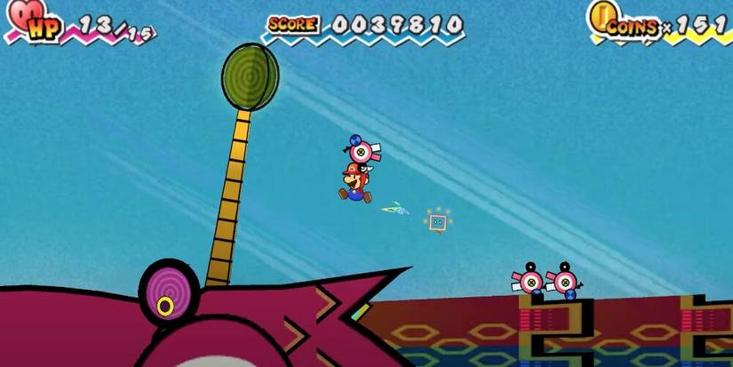 Mario carrying an enemy while jumping across a dragon's back 