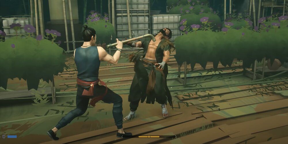 Character swinging a pipe at an enemy in Sifu 