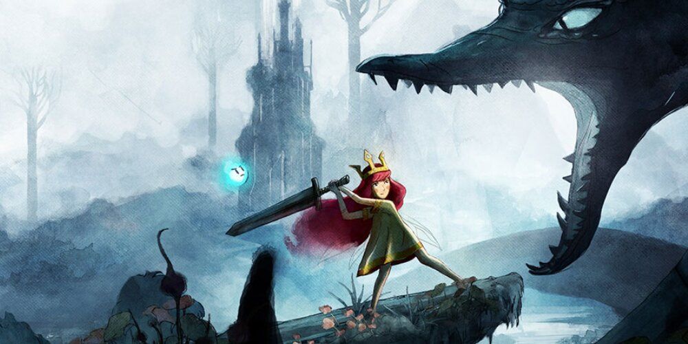 Princess slashing a sword at a dragon 