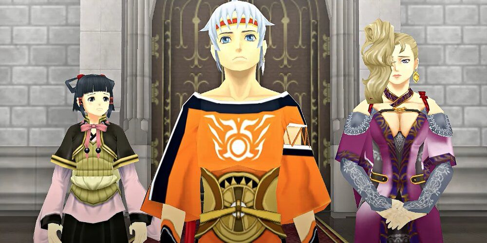 Protagonist with two female allies behind them in Suikoden 5 