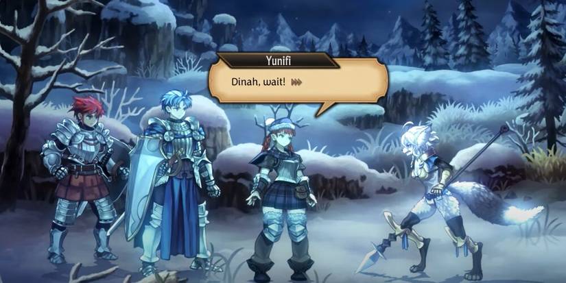 Characters talking to Dinah in a snowy battlefield 