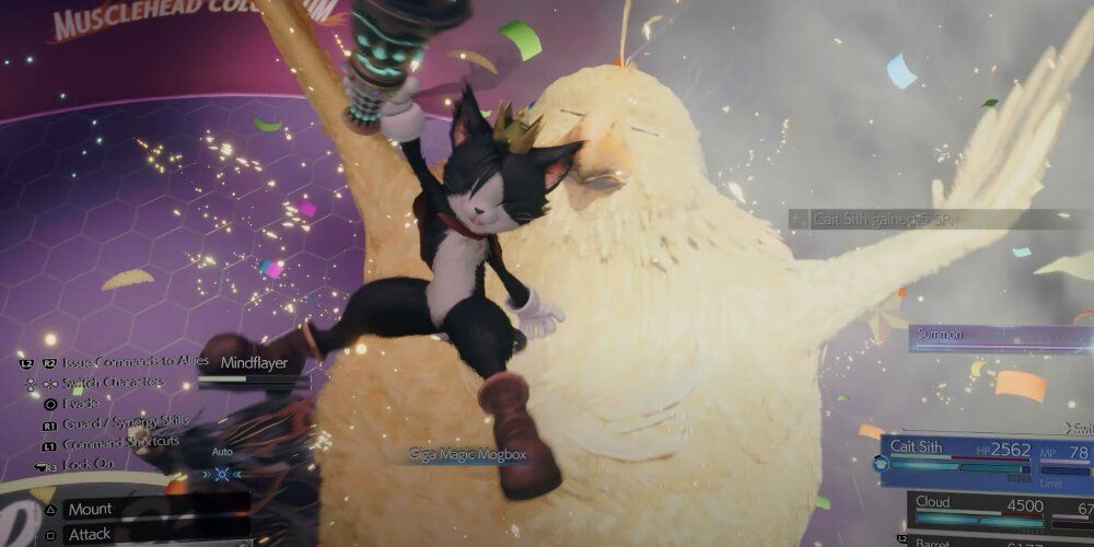 Cait Sith jumping above a giant Chocobo 