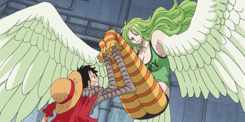 Monet grabbing Luffy's shoulders with her legs 