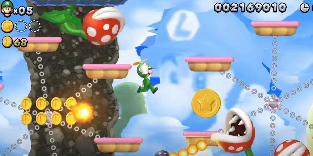 Luigi jumping across multiple platforms with piranha plants in the background 