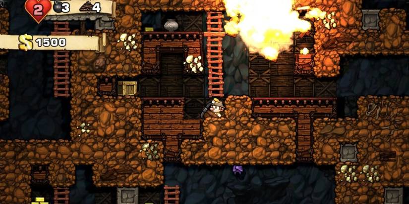 Spelunker jumping through a cave with an explosion at the top 