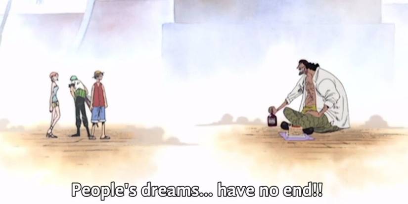 Blackbeard sitting down and proclaiming that people's dreams have no end 