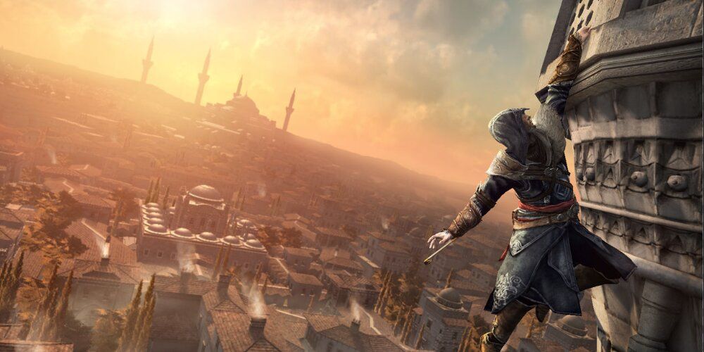 Ezio hanging off a building 