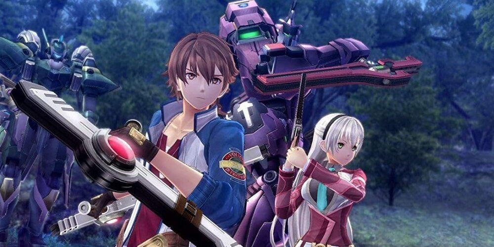 Boy with a large sword and woman in red with a revolver with mechs in the background 