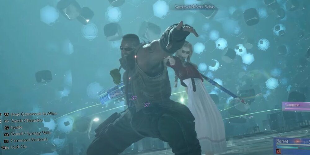 Barret and Aerith standing back to back 
