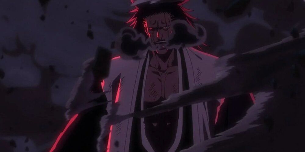 Kenpachi stepping out from a cloud of smoke 