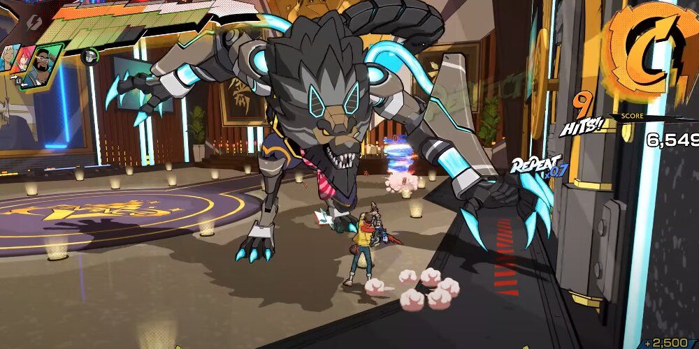 Chai fighting a giant mechanic werewolf 