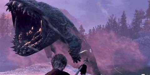 Leon aiming a harpoon at Del Lago 