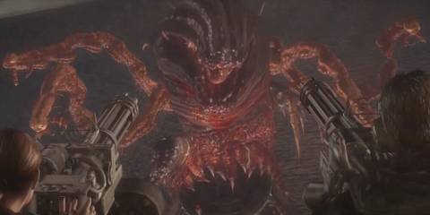 Jill and Chris shooting Gatling guns at Malacoda 