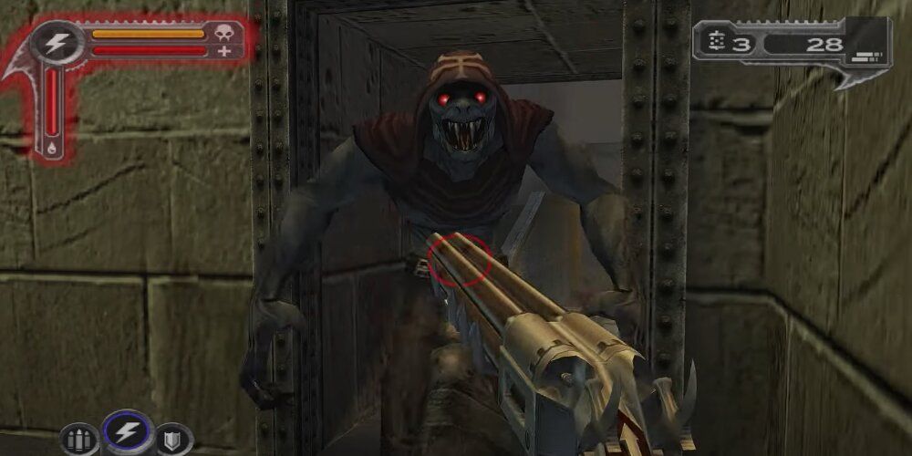 Player aiming a shotgun at a large enemy 