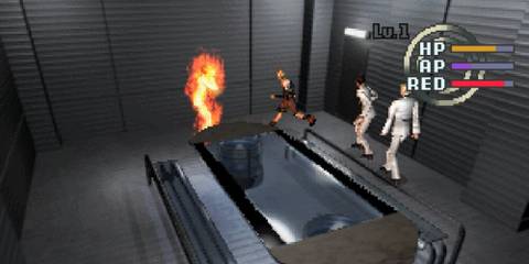 Woman running away from enemies with a man on fire in front of her 