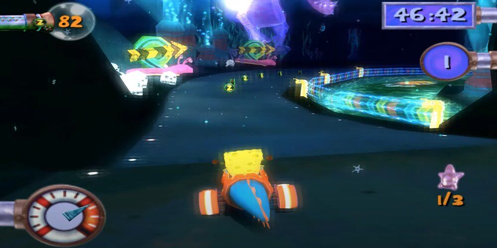 Spongebob racing across a track 