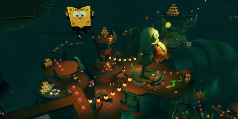 SpongeBob in a vampire outfit jumping in the air 