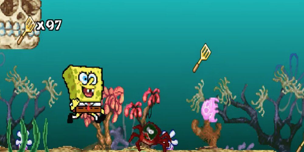 SpongeBob jumping over a jellyfish 