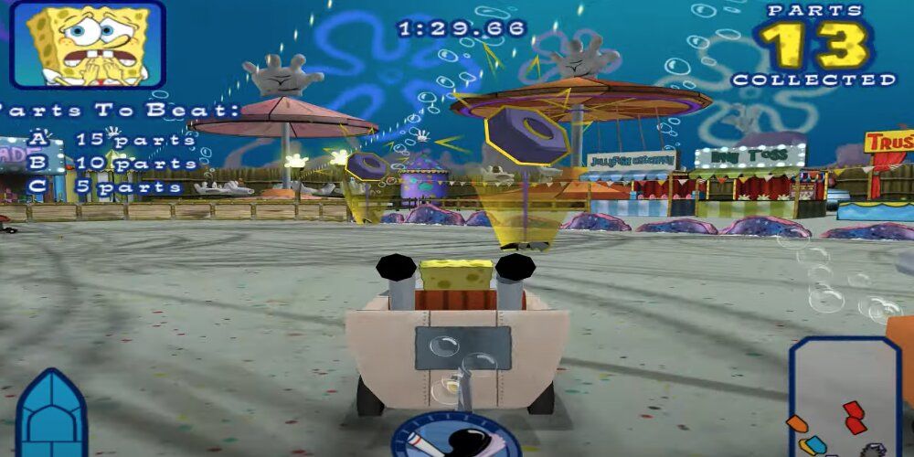 SpongeBob driving around with objectives on the screen 