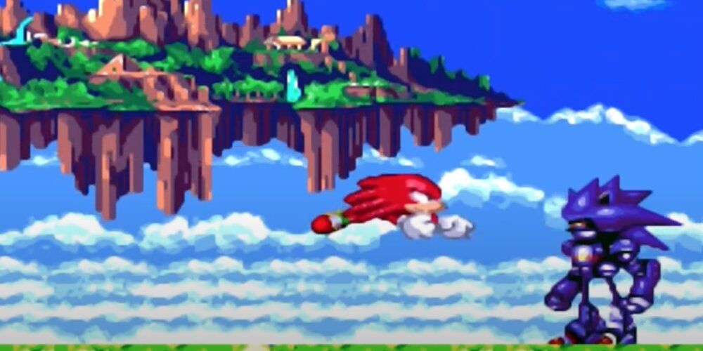 Knuckles gliding towards Mecha Sonic 