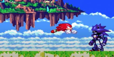 Knuckles gliding towards Mech Sonic 