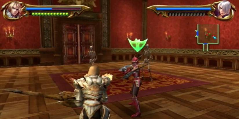 Siegfried swinging a sword at a skeleton 