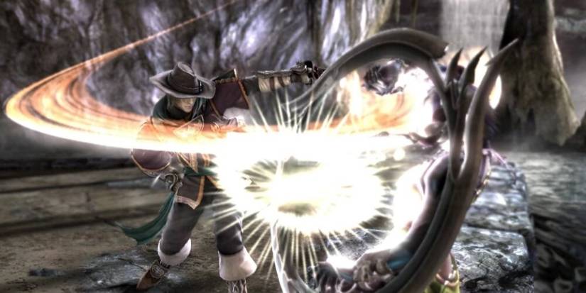 Man with a hat slashing at an opponent with a sword 