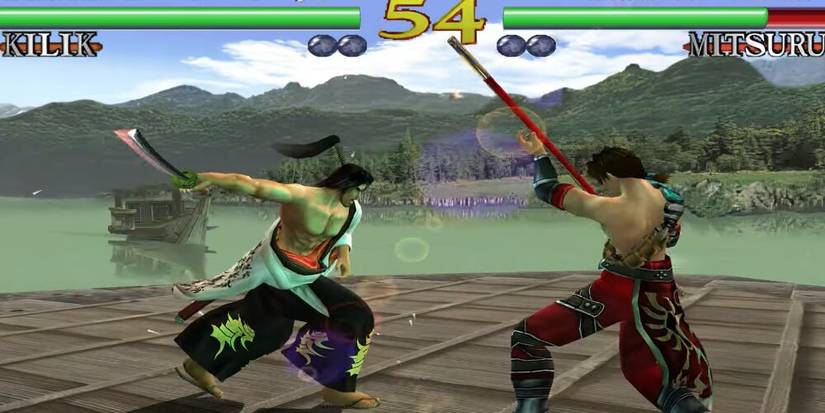 Kilik slashing a sword at Mitsuruigi 