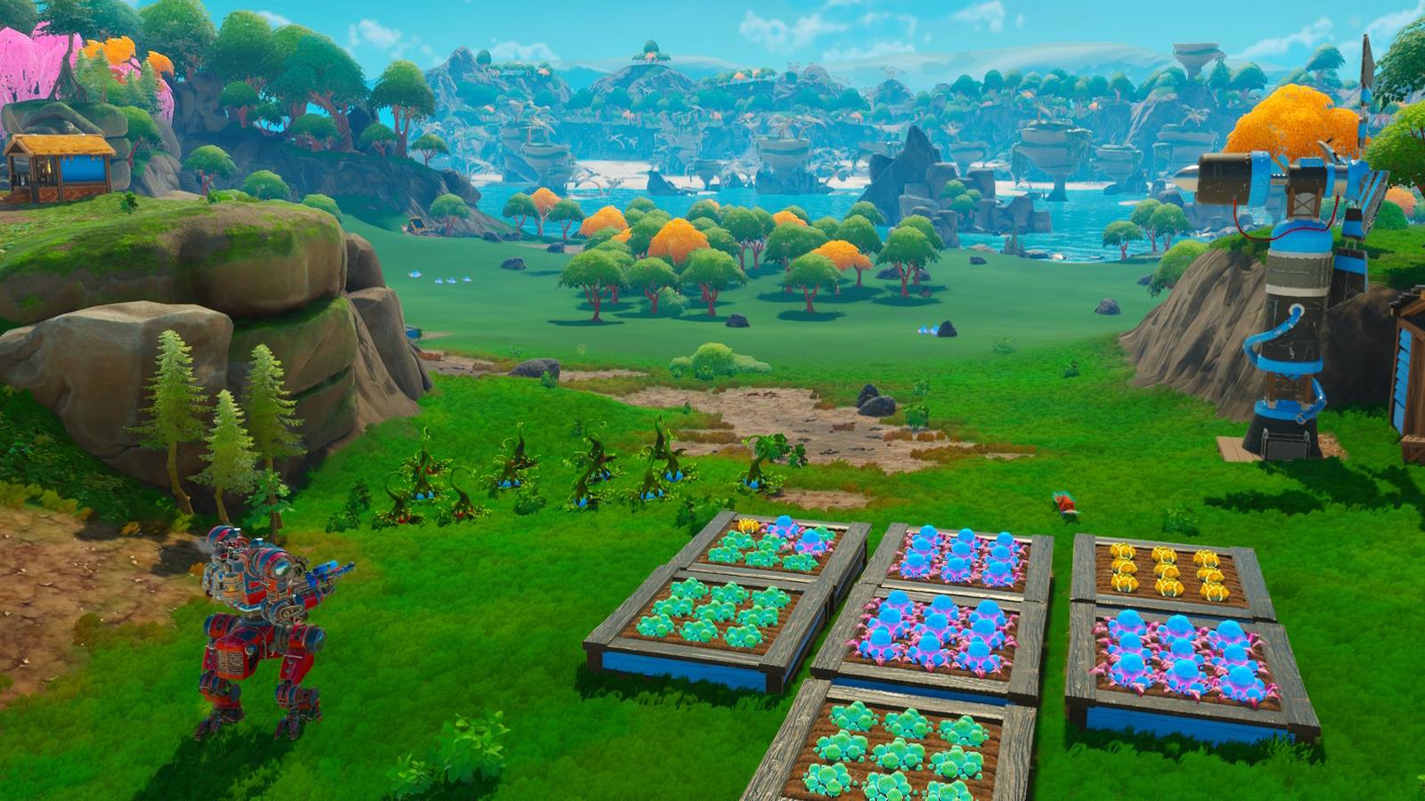 A screenshot from Lightyear Frontier showing a small farm and a mech.