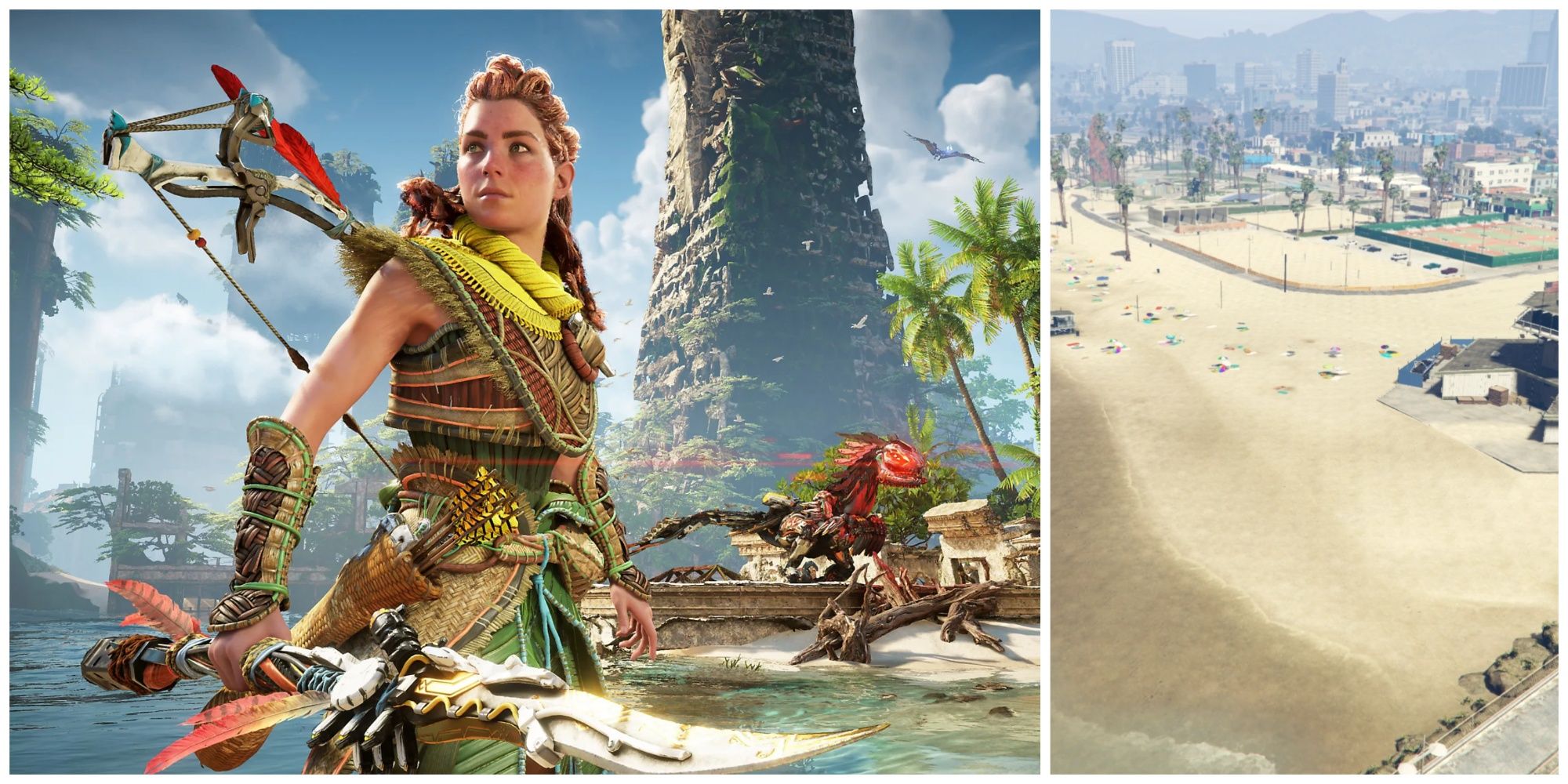 Collage featuring Aloy from Horizon Forbidden West and Vespucci Beach from GTA 5